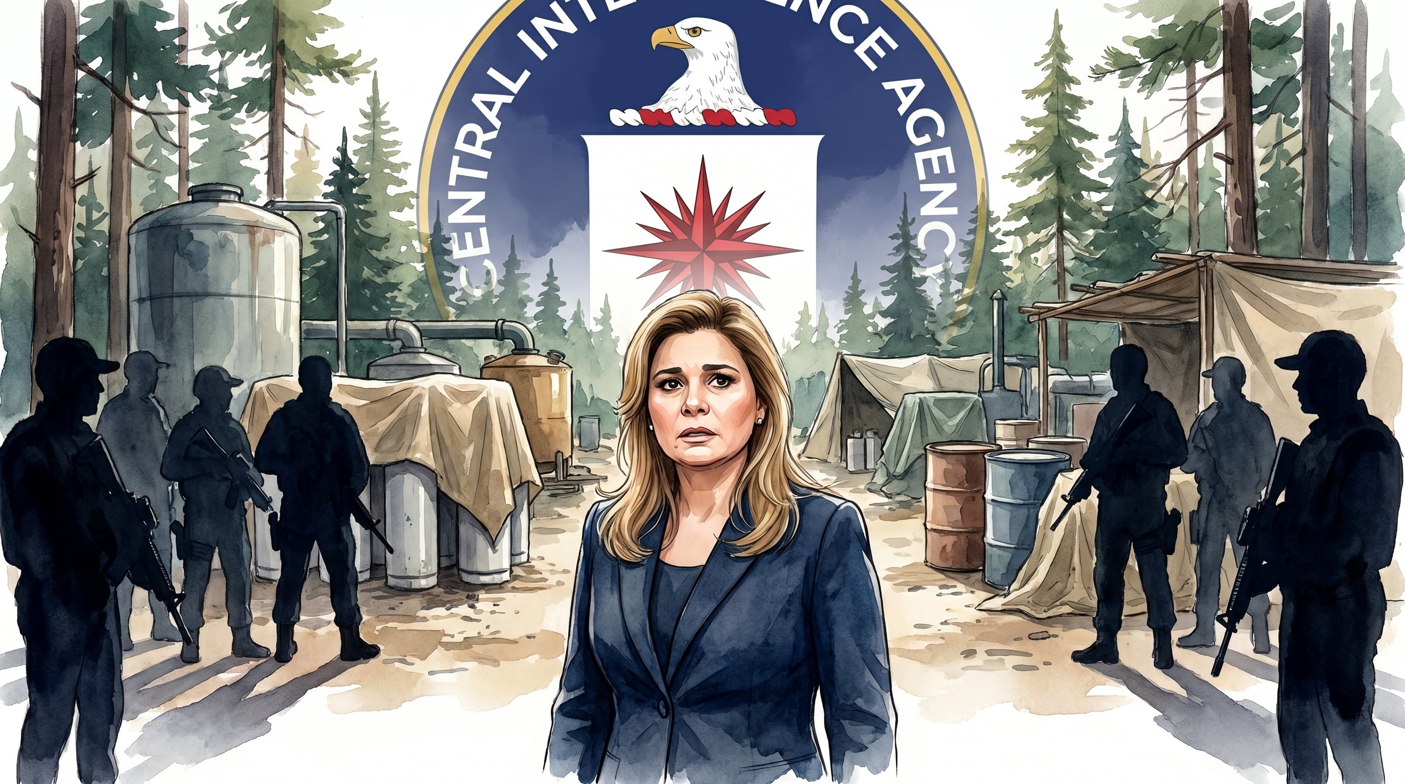 Una ilustración editorial muestra a Maru Campos con expresión preocupada en un narcolaboratorio con agentes armados y el logo transparente de la CIA vigilando, simbolizando la presión internacional sobre Chihuahua. (Imagen Ilustrativa Infobae)