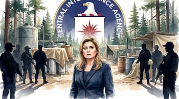 Ilustración acuarela de Maru Campos en saco azul oscuro con expresión seria, rodeada de policías armados y un narcolaboratorio, con el logo de la CIA flotando arriba.