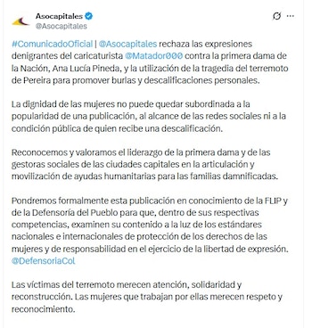 Asocapitales rechazó la publicación del caricaturista Matador sobre la primera dama Ana Lucía Pineda tras el terremoto del 10 de agosto - crédito Asocapitales