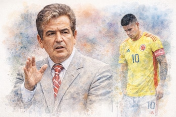Ilustración estilo acuarela de Jorge Luis Pinto gesticulando y James Rodríguez con camiseta número diez de la selección Colombia.