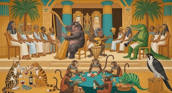 Pintura satírica estilo egipcio. Nobles sentados observan animales tocando instrumentos (hipopótamo, mono, cocodrilo). Abajo, monos juegan a los dados, un gato y perro beben.