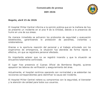 Un emergencia se registro durante la mañana del 25 de abril de 2026 obligó a la evacuación de niños y personal médico en el hospital Militar de Bogotá tras detectarse un posible fallo en unidades eléctricas - crédito Hospital Militar