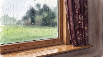 Ilustración en acuarela de una ventana de madera con gotas de agua en el vidrio, una cortina morada y un paisaje exterior verde.