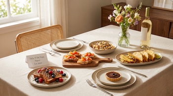 Mesa con mantel claro, platos de pan francés, bruschettas de salmón, pasta, tacos, tarta de chocolate, botella de vino, flores y tarjeta de 10 de Mayo.