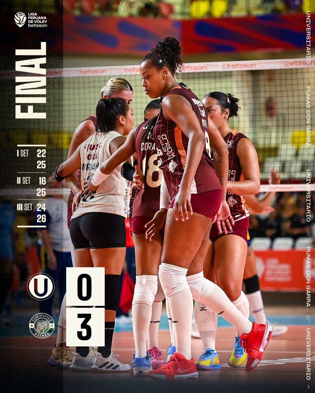 Universitario cayó en sets corridos ante Atlético Atenea. Crédito: Universitario Vóley.