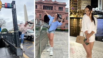 Collage de tres fotografías de Erika Muñoz. La mujer posa frente al Obelisco y la Casa Rosada en Buenos Aires y junto a un río en una ciudad nocturna