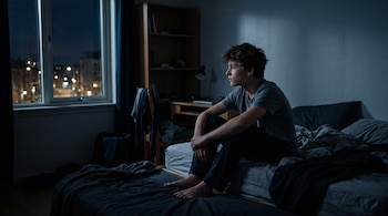 Un joven con camiseta gris y pantalón oscuro está sentado en el borde de una cama en una habitación oscura junto a una ventana.