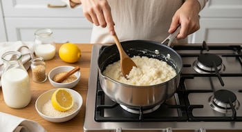 Manos revolviendo arroz con leche sin gluten y deslactosado en una cacerola sobre la estufa. Ingredientes como leche vegetal, limones, canela y azúcar están en la mesa.