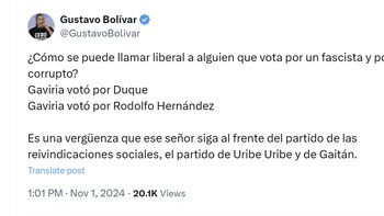 El director del DPS Gustavo Bolívar criticó votos de César Gaviria - crédito @GustavoBolivar/X