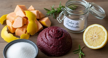 Ingredientes para jalea de membrillo bordo: trozos de membrillo, cáscara de limón, azúcar, medio limón, romero, jalea de membrillo y un frasco de vidrio.