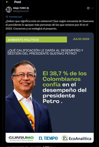 Alejo Toro también destacó los resultados de la encuesta - crédito @AlejoToroAnt