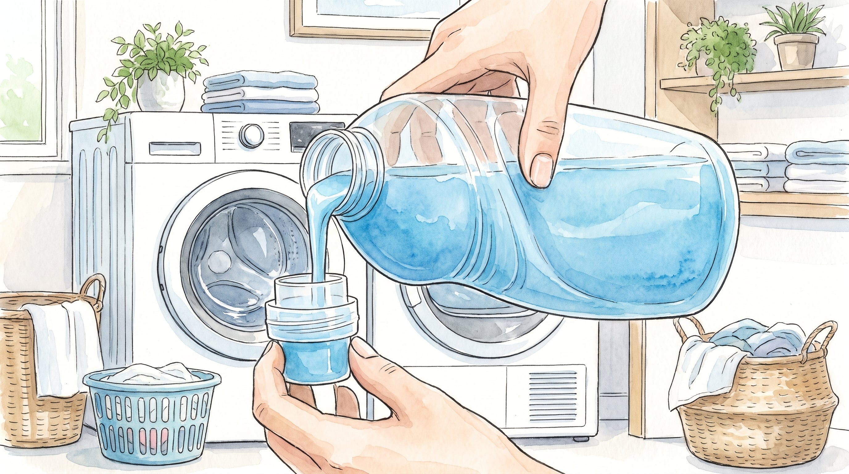 Una persona vierte detergente líquido azul en un tapón dosificador frente a una lavadora en un área de lavado. (Imagen Ilustrativa Infobae)