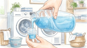 Ilustración en acuarela de manos que vierten detergente azul en un tapón frente a una lavadora y cestas de ropa.