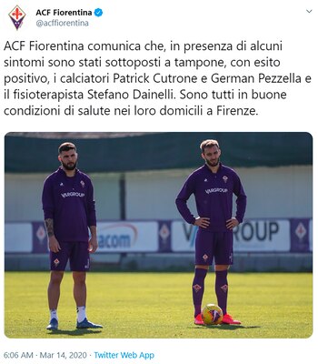 La Fiorentina anunció que Germán Pezzella tiene coronavirus
