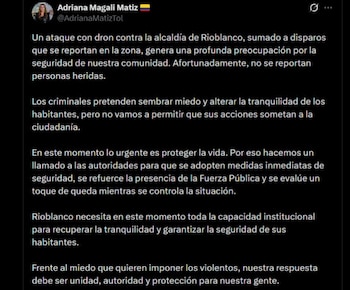 La gobernadora Adriana Magali Matiz pidió reforzar la fuerza pública y evaluar un toque de queda tras el ataque armado en Rioblanco - crédito @AdrianaMatizTol / X
