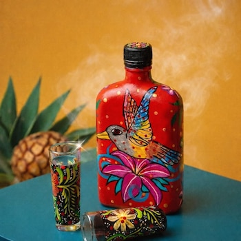 Una botella de vidrio roja con un pájaro y flores pintados, dos vasos de vidrio decorados con flores, una piña y hojas verdes
