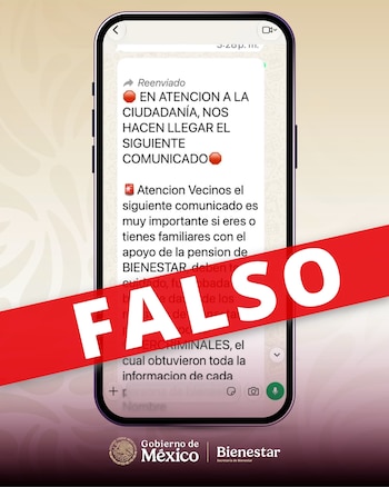 La Secretaría de Bienestar lanzó una alerta para las y los beneficiarios de las Pensiones Bienestar ante la circulación de mensajes de origen desconocido (X@bienestarmx)