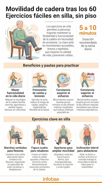 Infografía sobre ejercicios de cadera en silla, con un hombre mayor sentado y cuatro iconos de personas realizando marchas, figura cuatro, aperturas e inclinaciones.