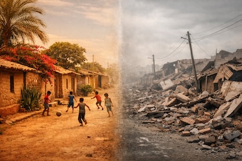 Fotografía dividida horizontalmente: izquierda muestra una calle colorida de Chimbote con niños y casas; derecha muestra la misma calle destruida por un terremoto.