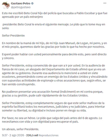 Beto Coral advirtió a Gustavo Petro sobre amenazas y le pidió abandonar el país antes del 6 de agosto de 2026 - crédito @petrogustavo/X