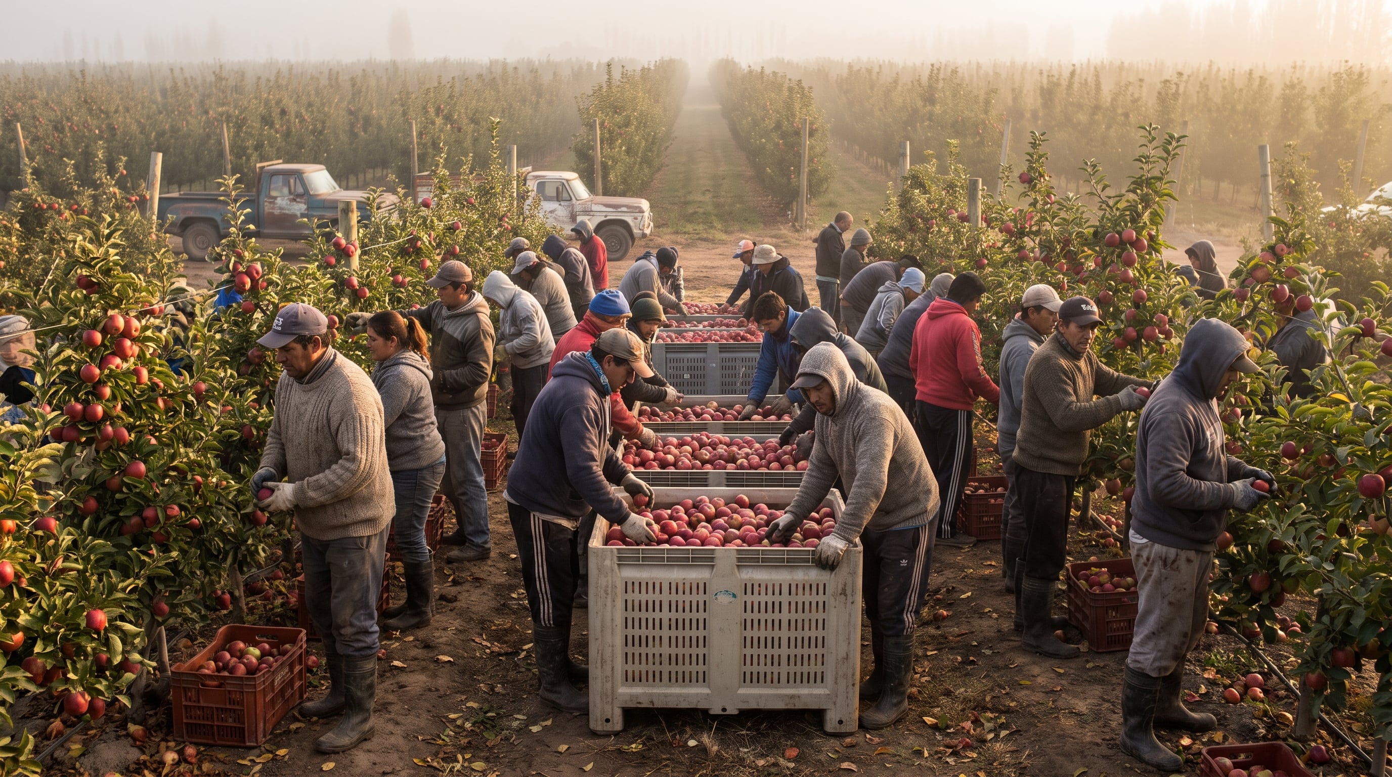Trabajadores rurales recolectan manzanas rojas y las acomodan en contenedores plásticos en una plantación del Alto Valle de Río Negro durante las primeras horas de la mañana (Imagen Ilustrativa Infobae)