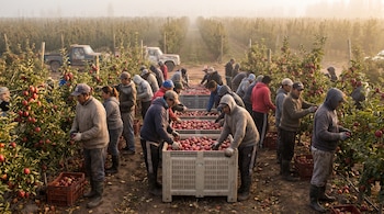 Un grupo de personas con ropa de abrigo recolecta manzanas rojas y las coloca en grandes cajas plásticas en un campo con hileras de árboles.