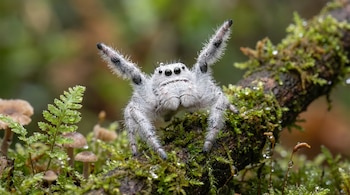 Close-up de uma aranha saltadora de penas brancas com grandes olhos escuros, levantando ambas as patas dianteiras, sentada em um galho com musgo e pingando água.