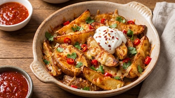 Gajos de papa al horno con queso, crema blanca y chiles picados en un plato hondo de cerámica, junto a dos recipientes con salsa roja.