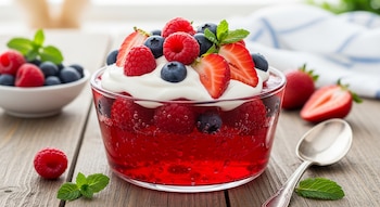 Vaso de vidrio con gelatina roja, crema blanca, fresas, frambuesas, arándanos y hojas de menta sobre mesa de madera. Cuchara y tazón con frutos.