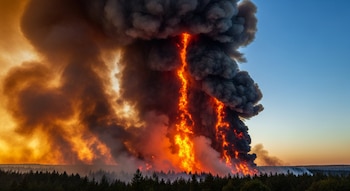 Incendio forestal extremo elevando vapor