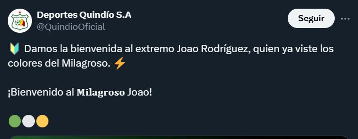 Joao Rodríguez inició su carrera en Deportes Quindío - crédito @QuindioOficial/X