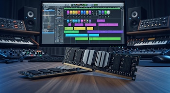 Dos módulos de memoria RAM sobre una mesa de madera. Detrás, un monitor de computadora con software de producción musical y equipos de estudio de sonido.