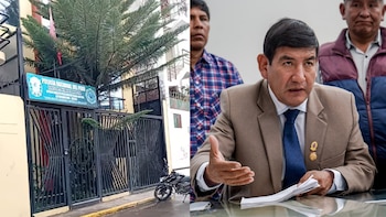 La imagen dividida muestra a la izquierda el exterior de una comisaría de la Policía Nacional del Perú y a la derecha al alcalde Máximo Rimachi Morales