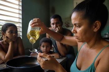 Una mujer vierte gotas de aceite desde una botella hacia una cuchara sobre una sartén, mientras tres personas la observan en una cocina.