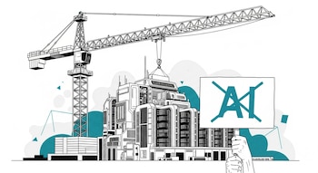 Ilustración lineal de un edificio tecnológico en construcción con una grúa. Una mano en primer plano sostiene un cartel blanco con las letras "AI" tachadas en azul.