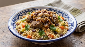 Cuscús con carne, garbanzos, zanahorias, calabacín, cebolla, pasas y almendras en un plato hondo de cerámica decorado.