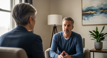 Un hombre de 45 años con barba canosa sentado frente a una mujer psicoterapeuta de 65 años vista de espaldas, en un consultorio moderno.