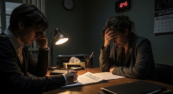 Dos personas sentadas en un escritorio de madera en una oficina oscura. Una mujer tiene la cabeza entre las manos. Otra persona escribe en un 'Formulario de Denuncia'.