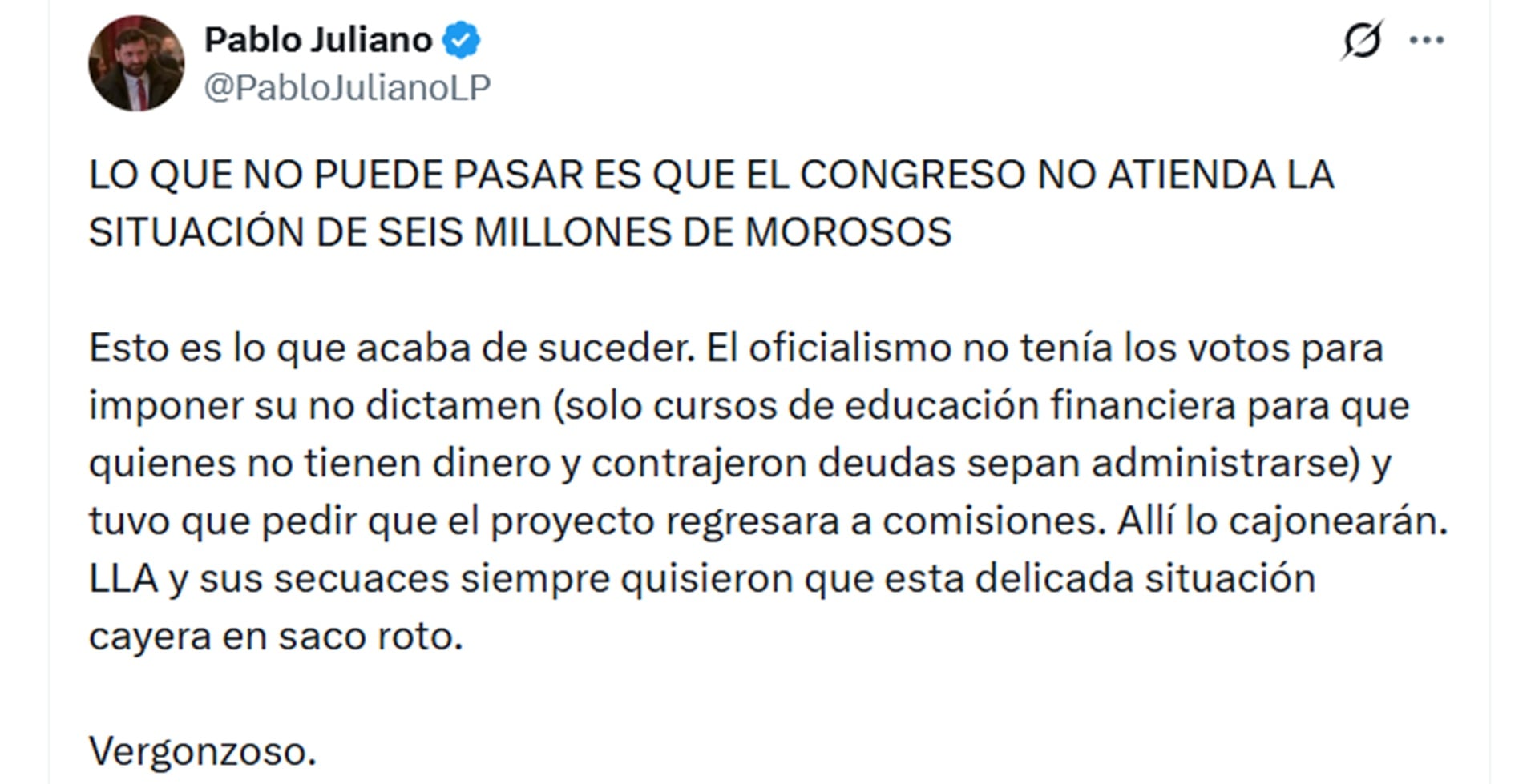 La reacción del diputado Pablo Juliano