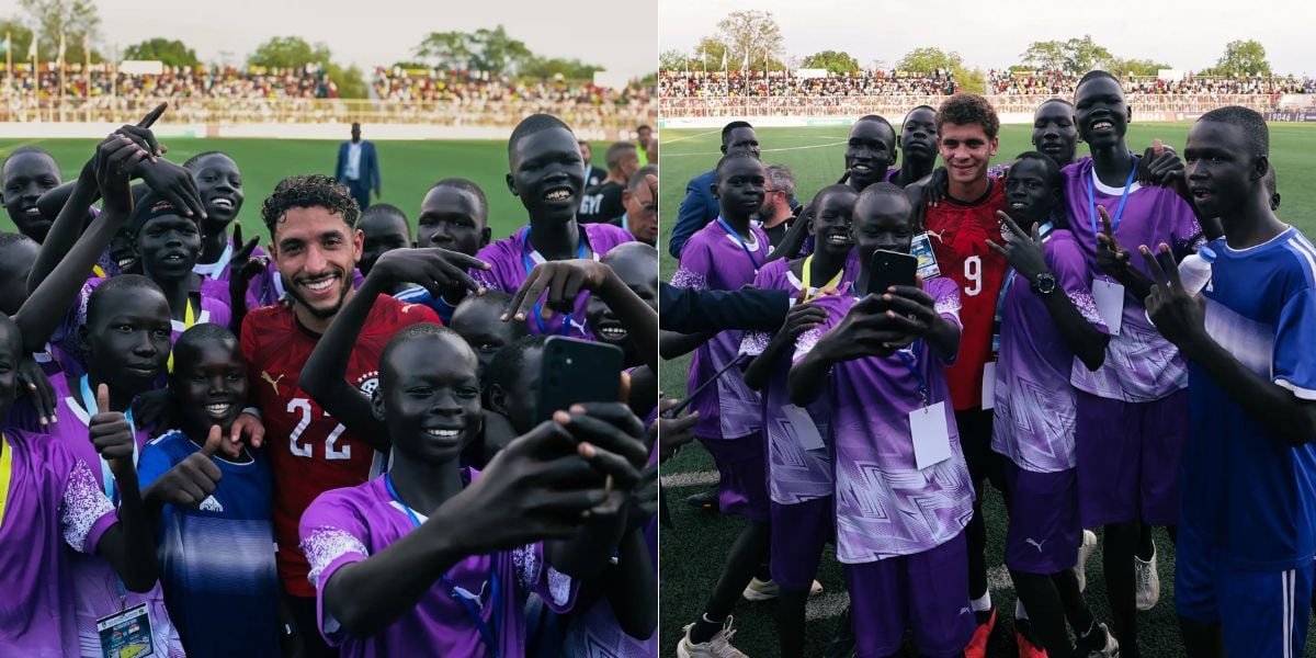 Marmoush y Hamza Abdelkarim compartieron unos minutos con niños de Sudán del Sur tras el pitazo final (Instagram/@egyptnt)