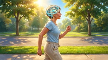 Una persona camina por la acera de un parque arbolado mientras se observa una ilustración luminosa de un cerebro dentro de su cabeza.