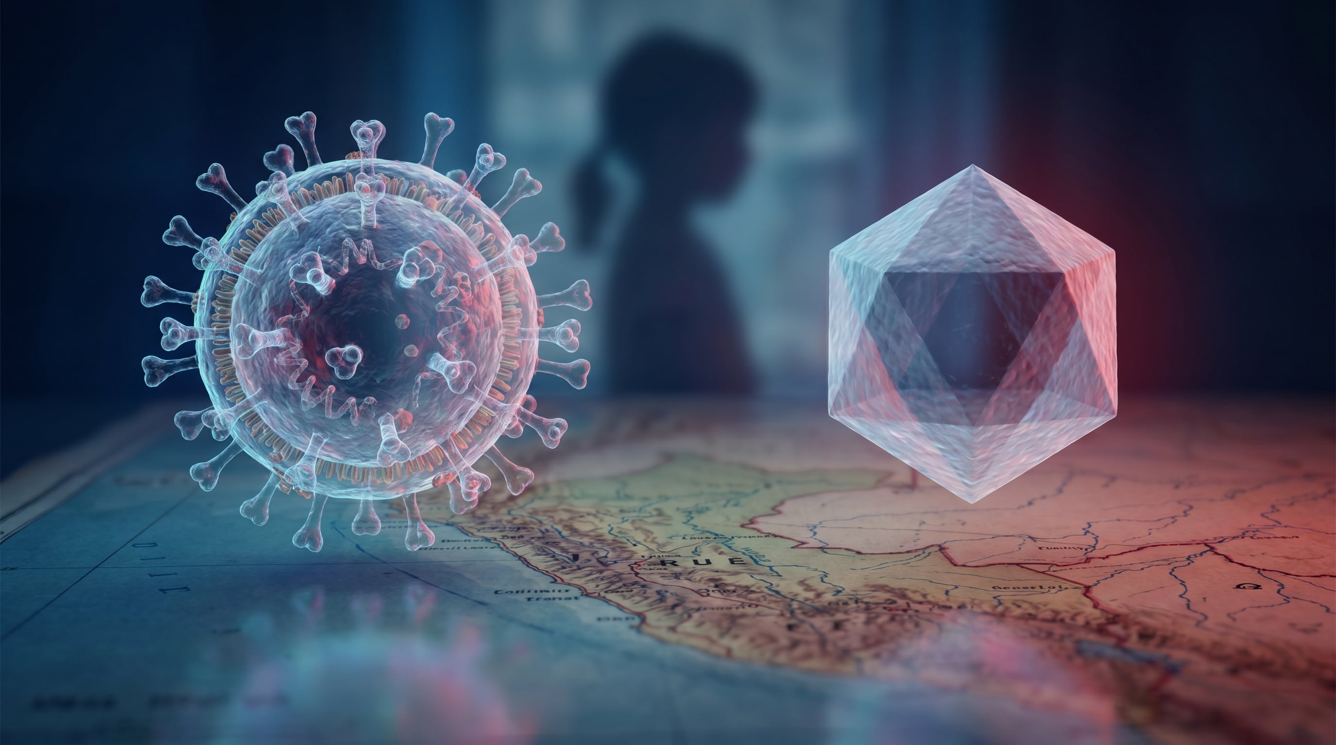 Dos partículas virales translúcidas, una con envoltura lipídica y otra de cápside icosaédrica, se sitúan sobre un mapa borroso de Perú, con la silueta tenue de un niño en el fondo, simbolizando el impacto global. (Imagen Ilustrativa Infobae)