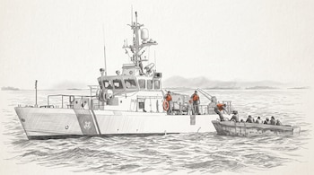 Ilustración a lápiz de un barco patrullero junto a una pequeña barca llena de personas en un mar picado.