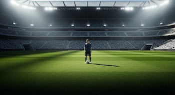 Vista horizontal de un joven atleta de pie en el centro de un estadio de fútbol moderno con césped verde, bajo una intensa luz que crea sombras largas.