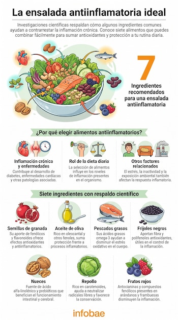 Ilustración de un cuenco de ensalada con lechuga, salmón, frutos secos. Alrededor, siete dibujos de ingredientes y paneles informativos con texto.