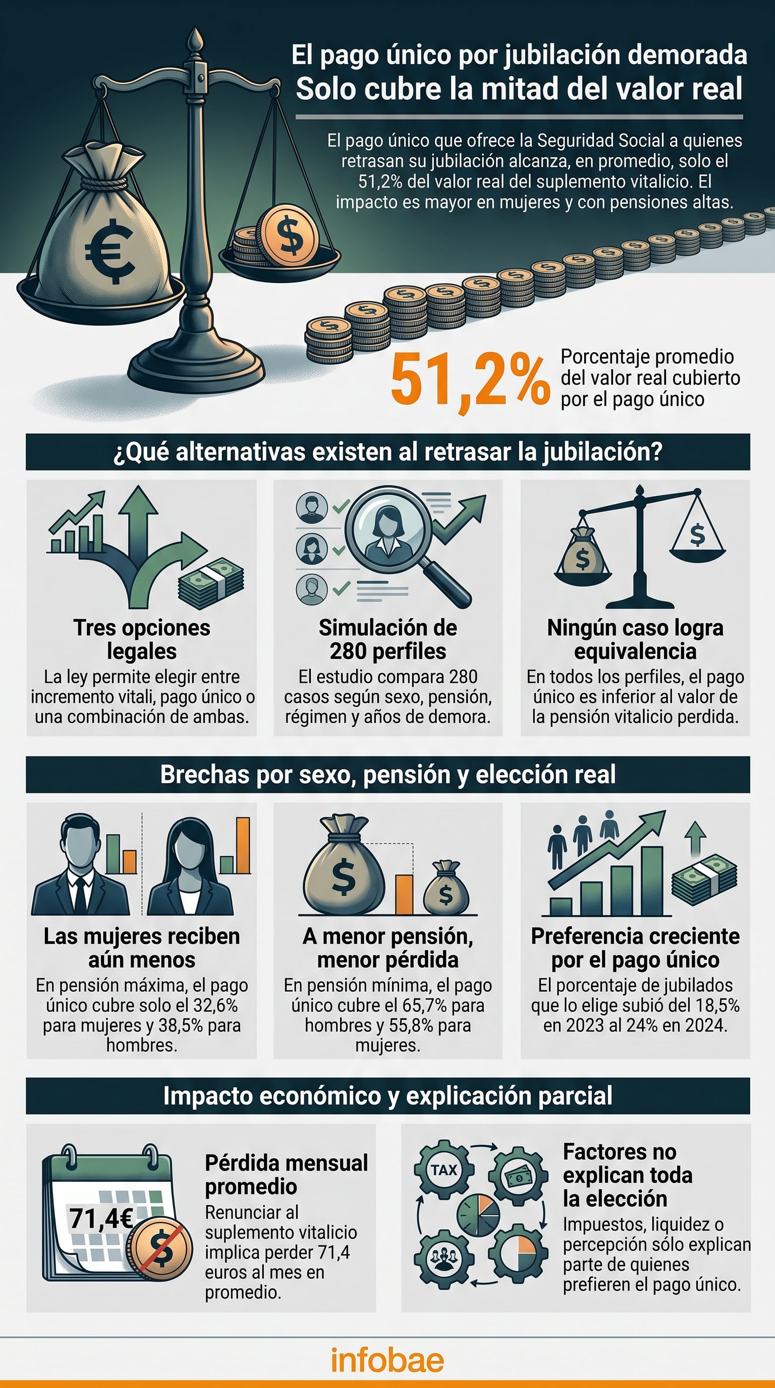 Un estudio de Fedea señala que el pago único por retrasar la jubilación en España cubre únicamente el 51,2% del valor real del suplemento vitalicio. (Imagen Ilustrativa Infobae)