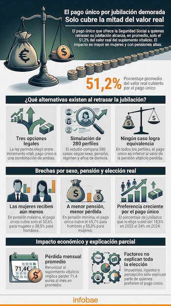 Infografía con una balanza, gráficos de barras, iconos de personas, monedas y bloques explicativos sobre el pago único por jubilación.