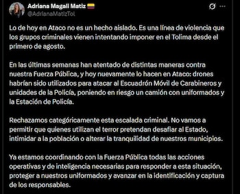 La gobernadora Adriana Magali Matiz afirmó que la violencia en Tolima responde a una línea de ataques contra la fuerza pública desde el primero de agosto - crédito @AdrianaMatizTol / X
