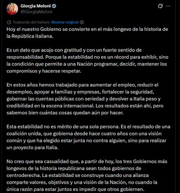 Giorgia Meloni - crédito @GiorgiaMeloni/X