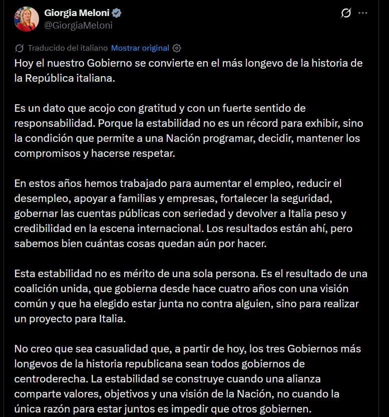 Giorgia Meloni celebró en X que su gobierno alcanzara el récord de duración en la historia republicana - crédito @GiorgiaMeloni/X